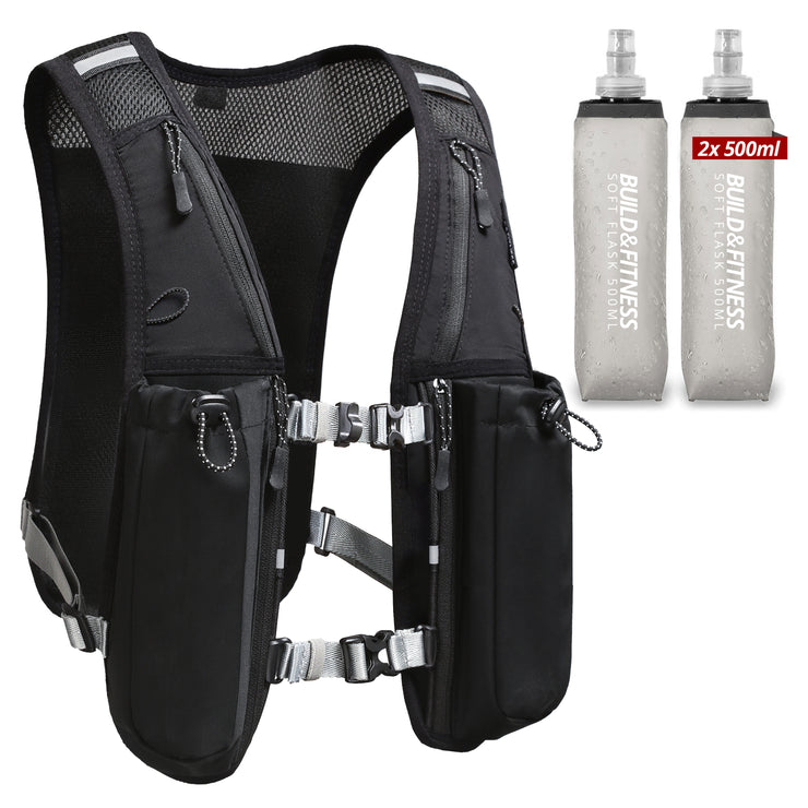 Black Hydration Running Vest + 2x 500ml Soft Flasks