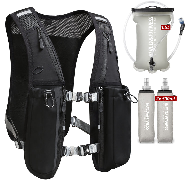 Black Hydration Running Vest + 1.5L Bladder + 2x 500ml Soft Flasks
