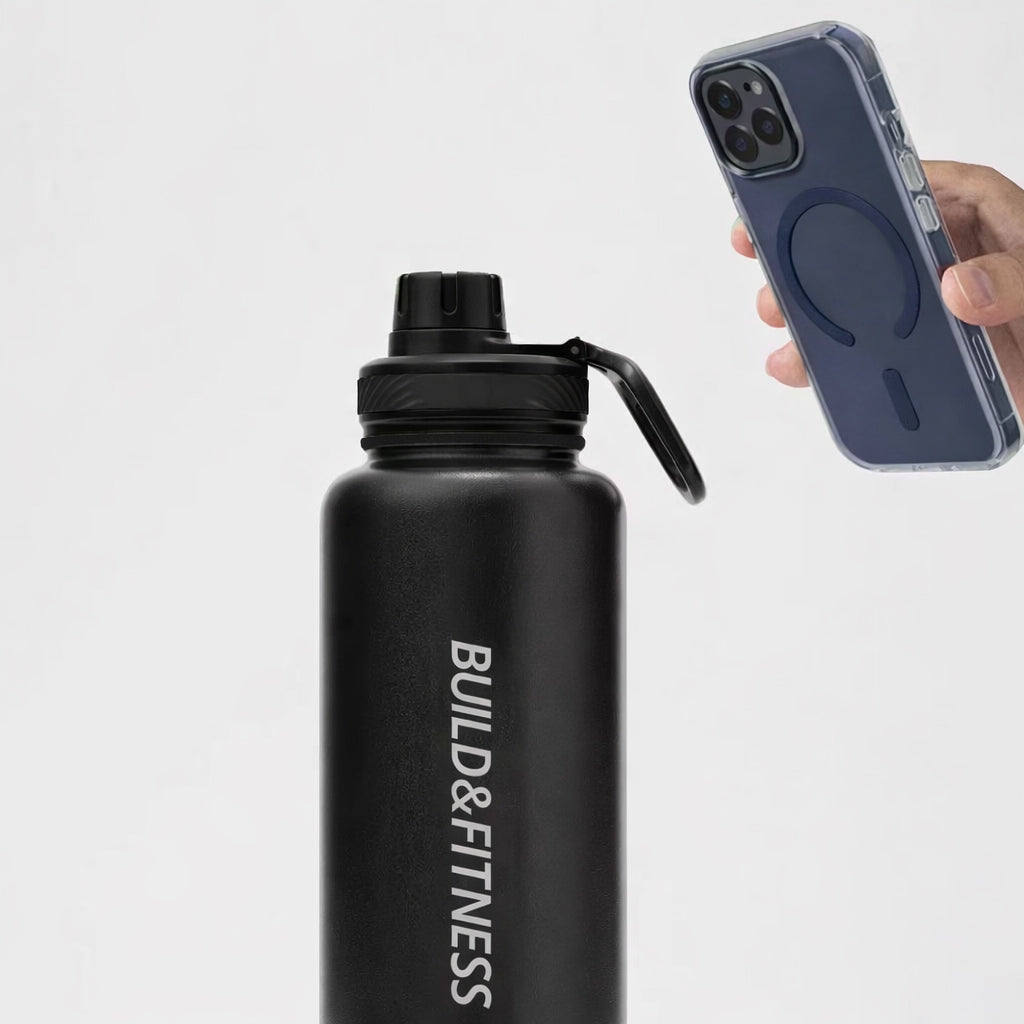 Black Stainless Water Bottle 1000ml - Build & Fitness®