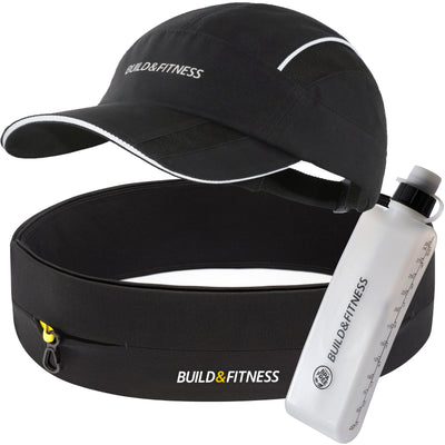 Runners Bundle Set - Black Classic Running Belt & Curved Water Bottle & Running Cap - Build & Fitness®