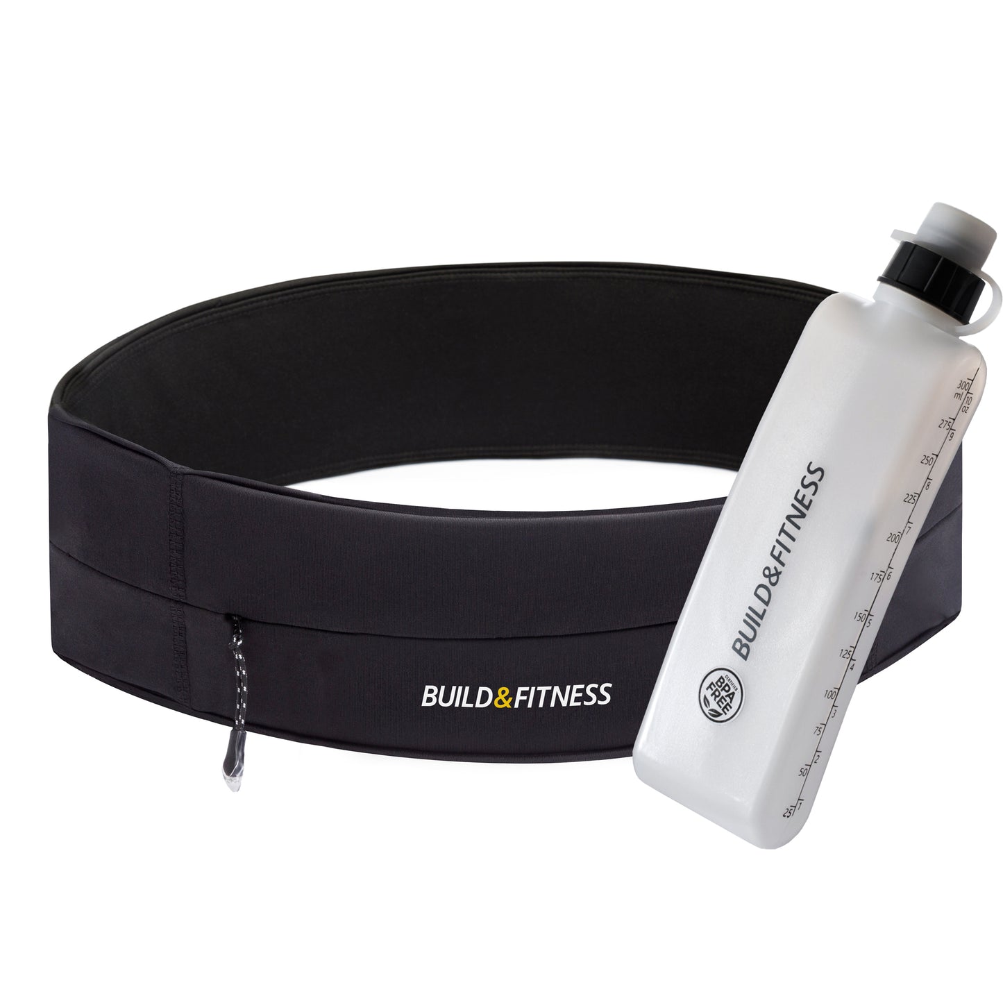 Hydration Set - Black Classic Zipper Running Belt & Curved Water Bottle - Build & Fitness®