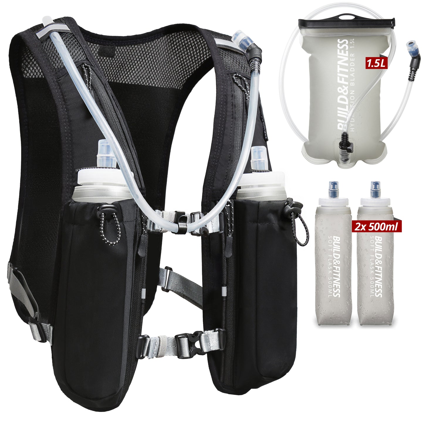 Black Hydration Running Vest + 1.5L Bladder + 2x 500ml Soft Flasks - Build & Fitness®