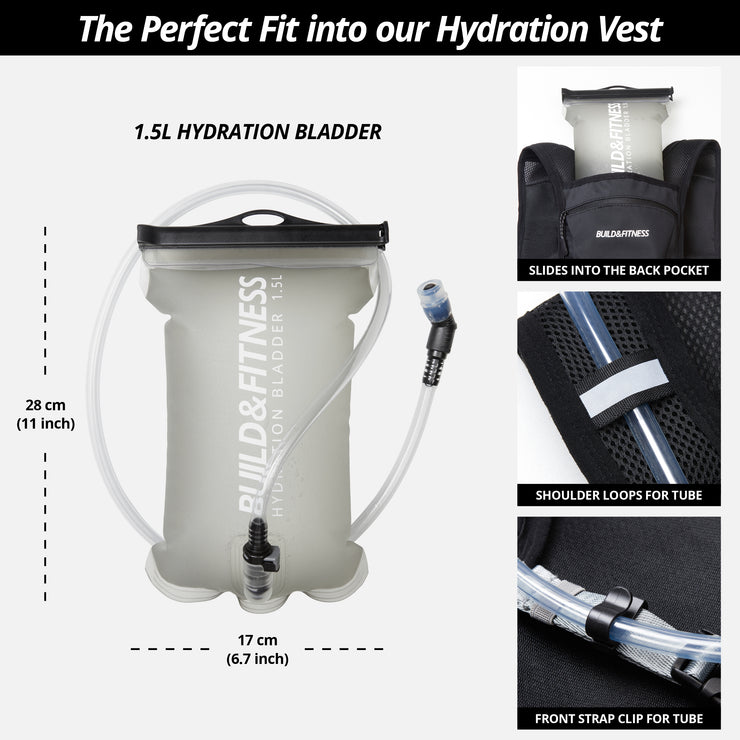 Black Hydration Running Vest + 1.5L Bladder + 2x 500ml Soft Flasks - Build & Fitness®