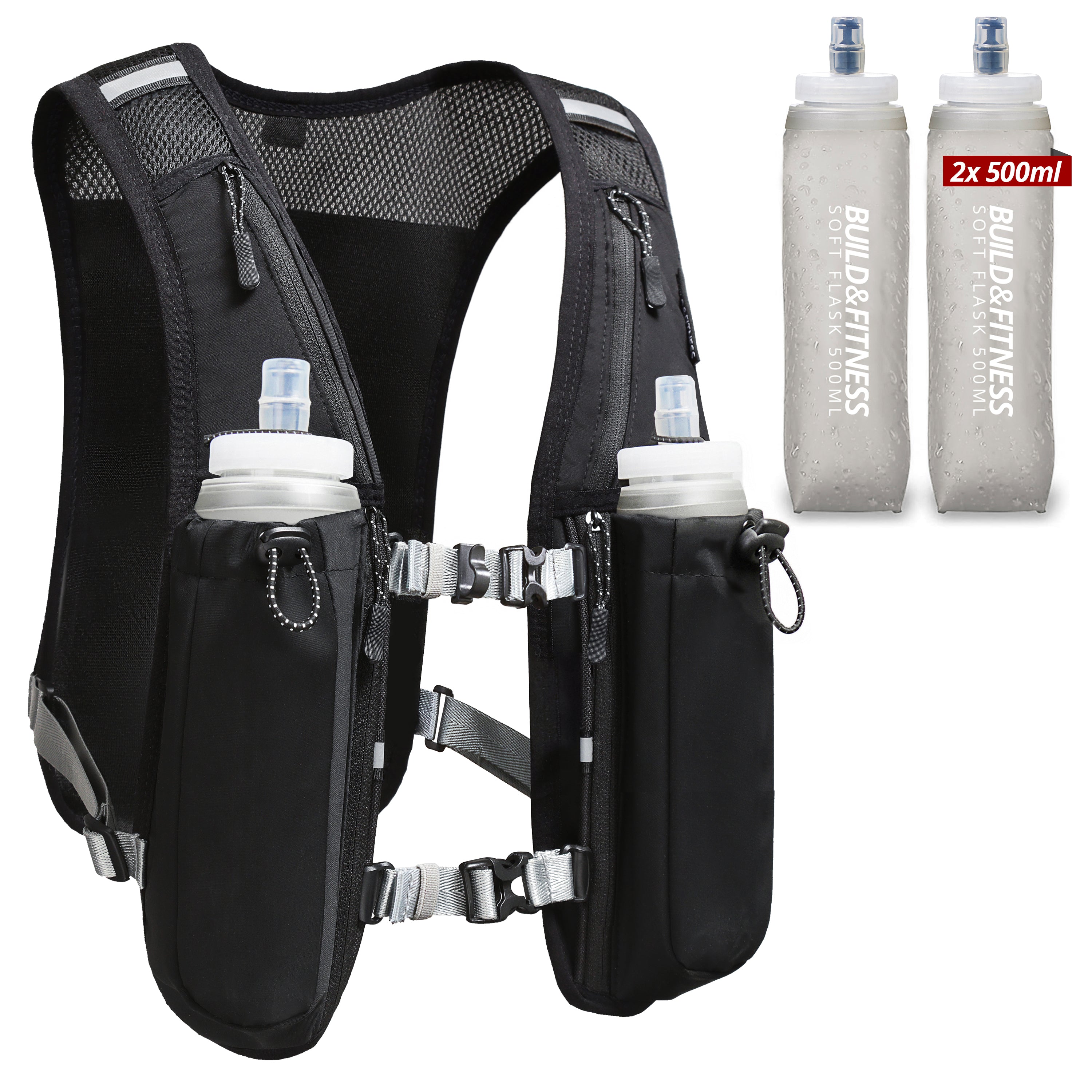 Black Hydration Running Vest + 2x 500ml Soft Flasks