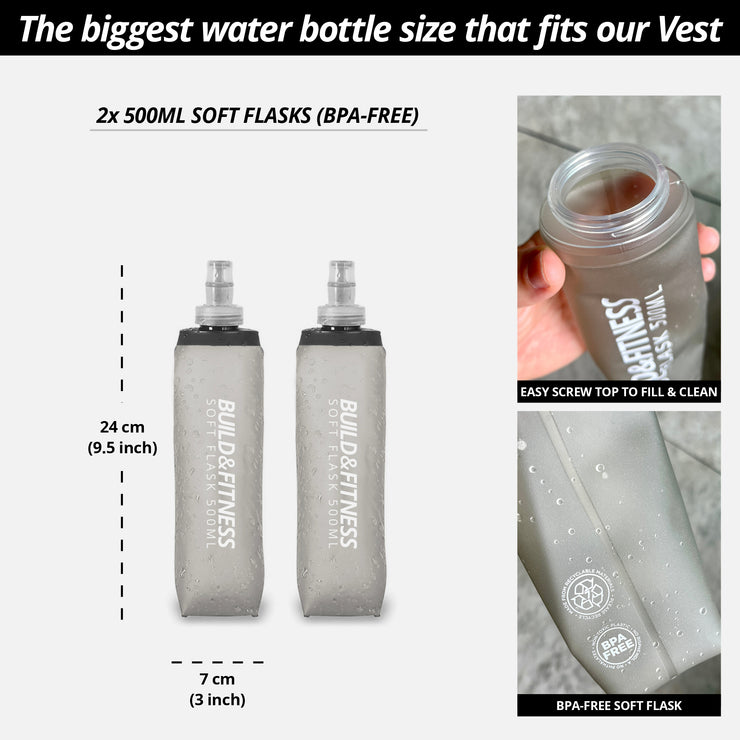 Black Hydration Running Vest + 1.5L Bladder + 2x 500ml Soft Flasks