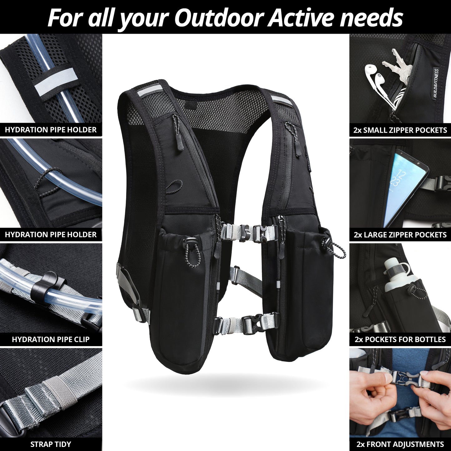 Black Hydration Running Vest + 2x Curved Water Bottle - Build & Fitness®