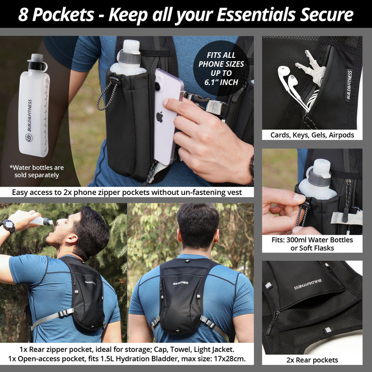 Black Hydration Vest + 2x 500ml Soft Flasks