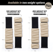 Two sets of weighted straps with measurements and weight options on a white background.