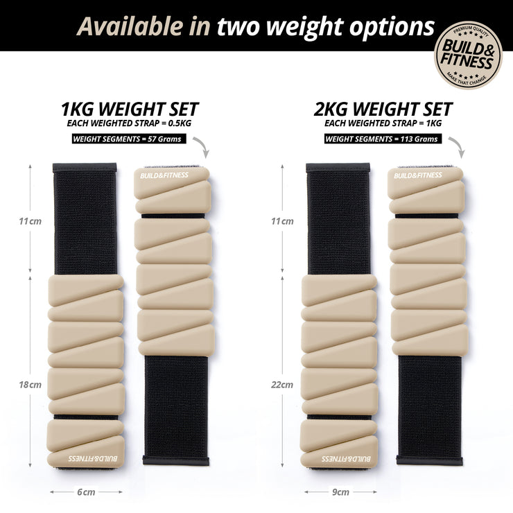 Two sets of weighted straps with measurements and weight options on a white background.