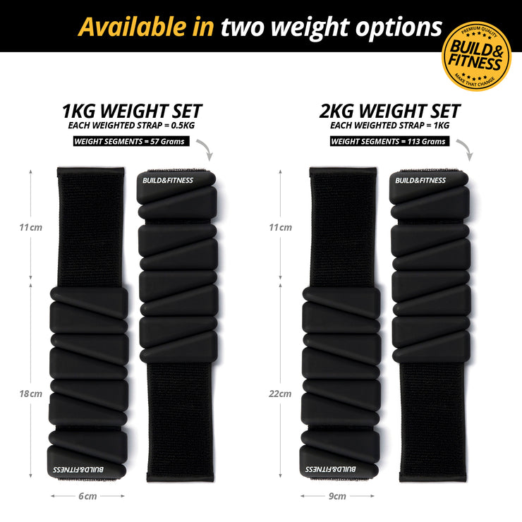 Black weighted straps with measurement details and Build & Fitness branding.