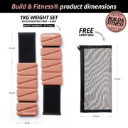 1KG Weight Set with Build & Fitness branding, including weight straps and a free carry bag, on a white background.