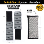 1KG Weight Set with dimensions and free carry bag by Build & Fitness on a white background