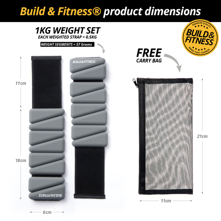 1KG Weight Set with dimensions and free carry bag by Build & Fitness on a white background