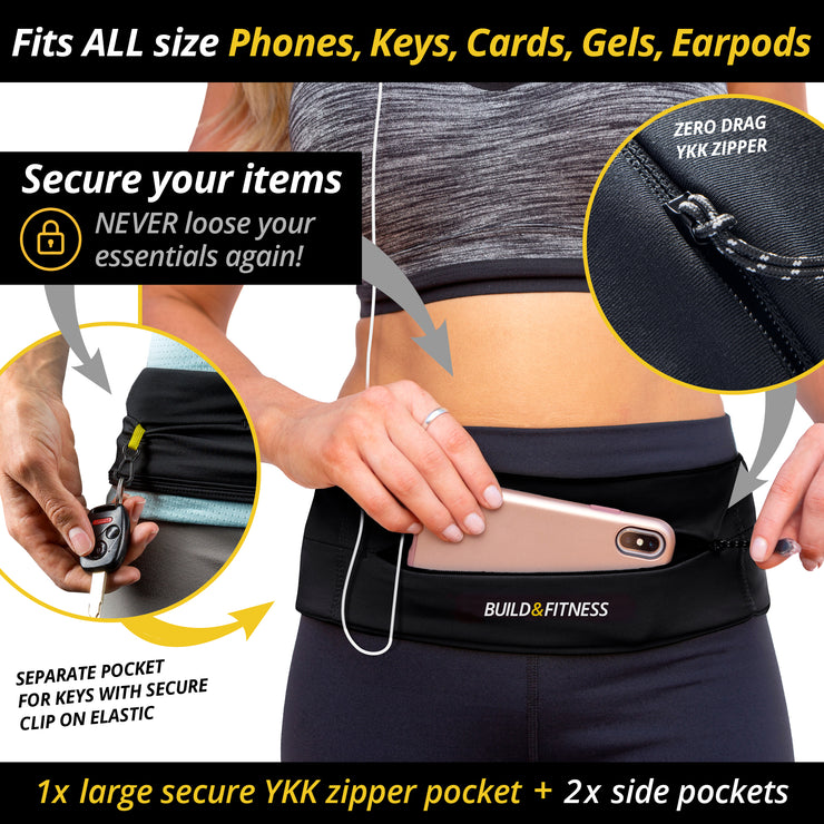Black Adjustable Zipper Running Belt - Build & Fitness®